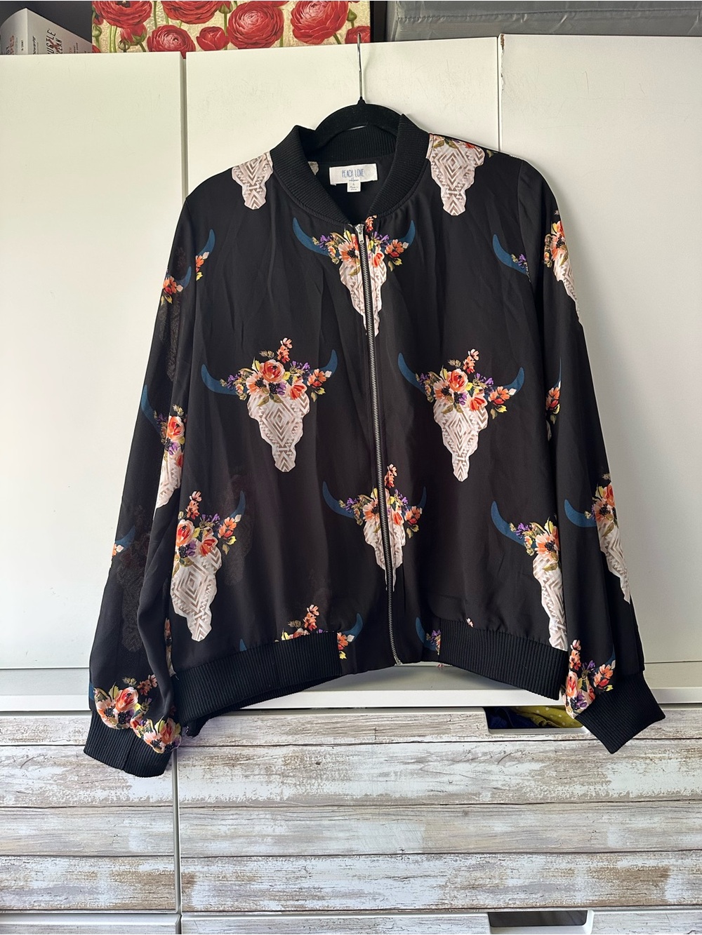 🖤 Peach Love Floral Bull Skull Bomber Jacket Large
